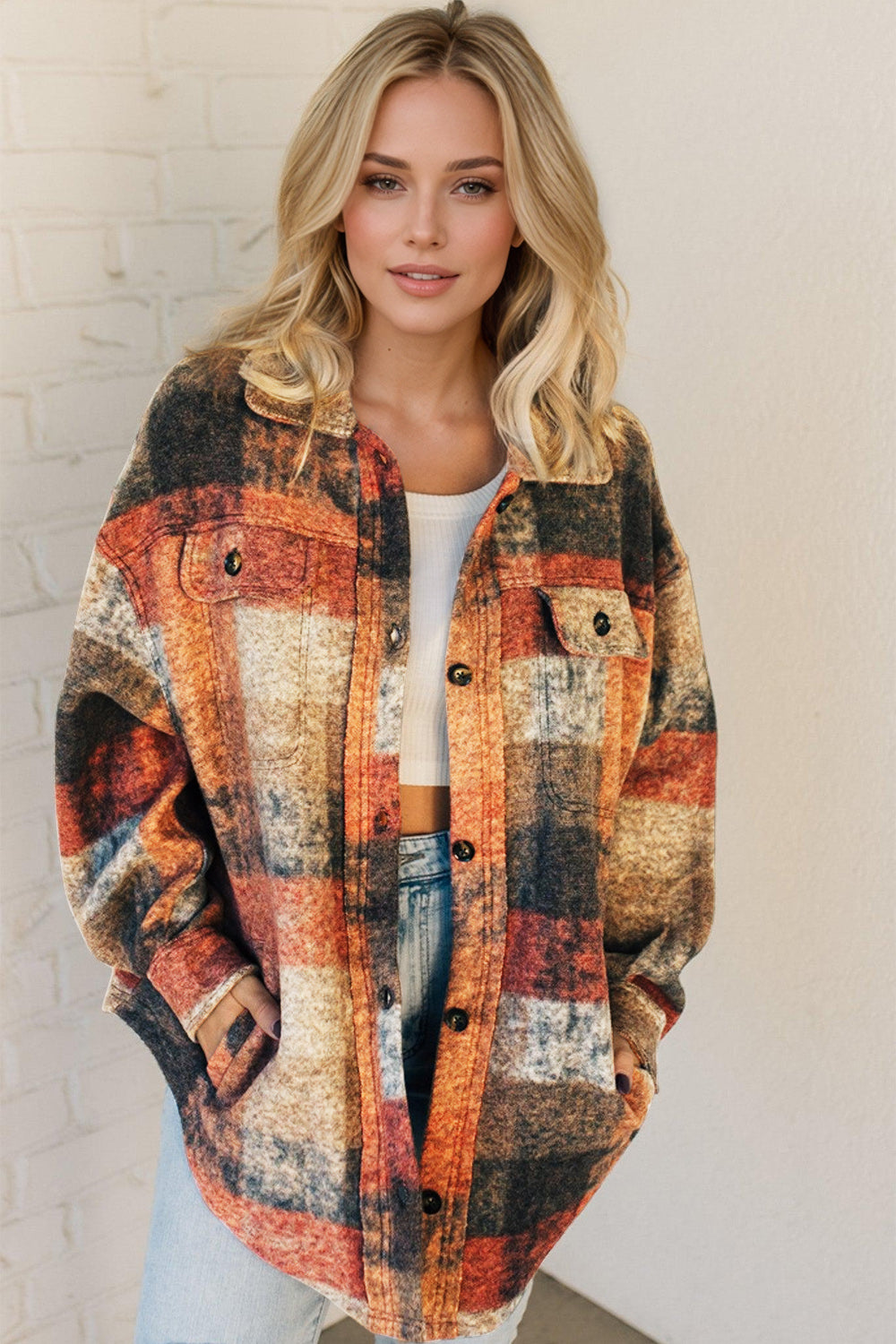 Pop of Color Plaid Fleece Shacket with Pockets