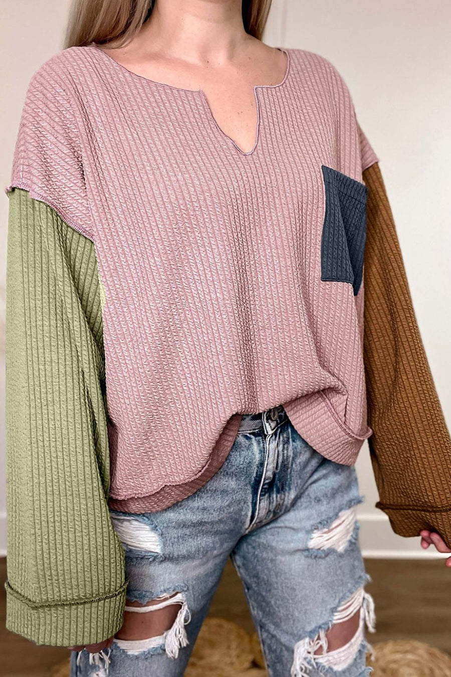 Color Block Textured Notched Long Sleeve Top