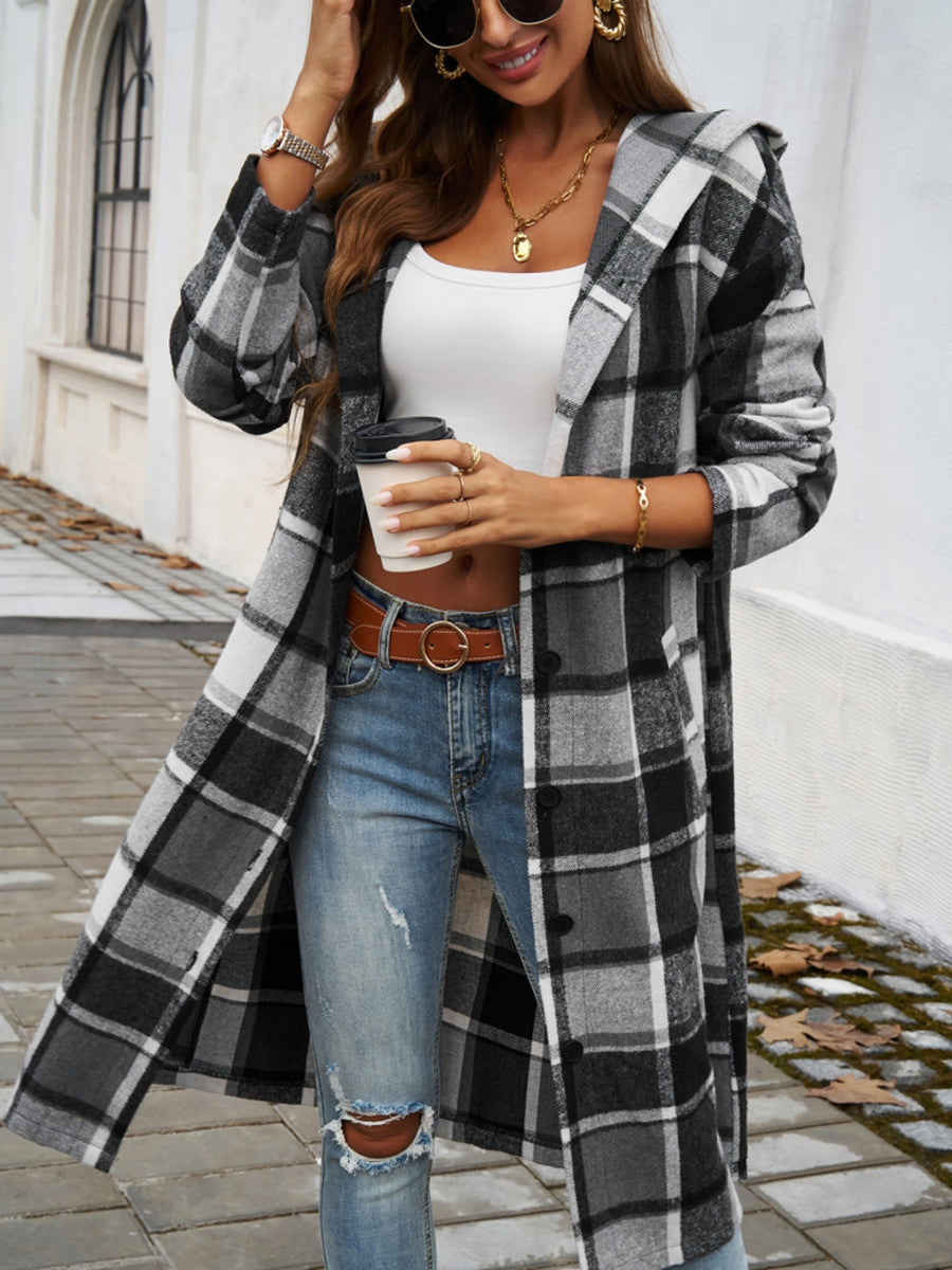 Perfect Plaid Long Sleeve Hooded Coat