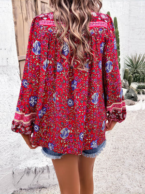 Devine Printed Tie Neck Long Sleeve Blouse