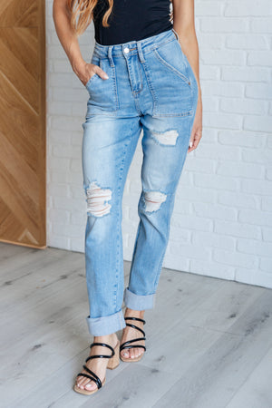 Aiden High Rise Patch Pocket Distressed Boyfriend Jeans by Judy Blue