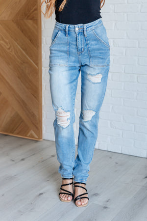 Aiden High Rise Patch Pocket Distressed Boyfriend Jeans by Judy Blue