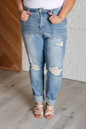 Aiden High Rise Patch Pocket Distressed Boyfriend Jeans by Judy Blue