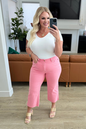 Lisa High Rise Control Top Wide Leg Crop Jeans in Pink by Judy Blue