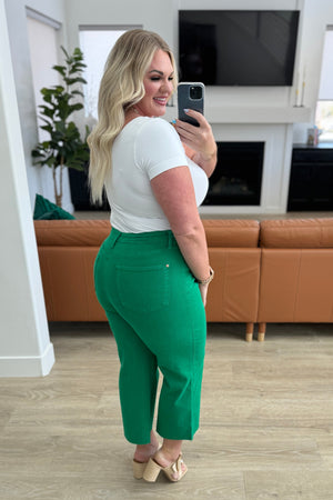 Lisa High Rise Control Top Wide Leg Crop Jeans in Kelly Green by Judy Blue