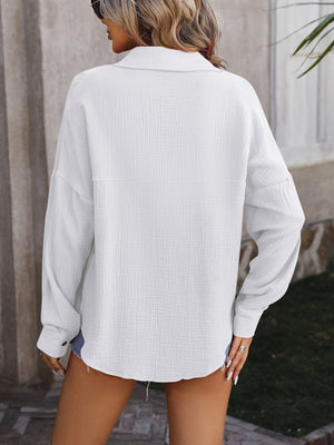 Mandy Textured Pocketed Button Up Dropped Shoulder Shirt