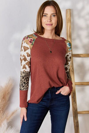 Mix it Up Waffle-Knit Top in Rust